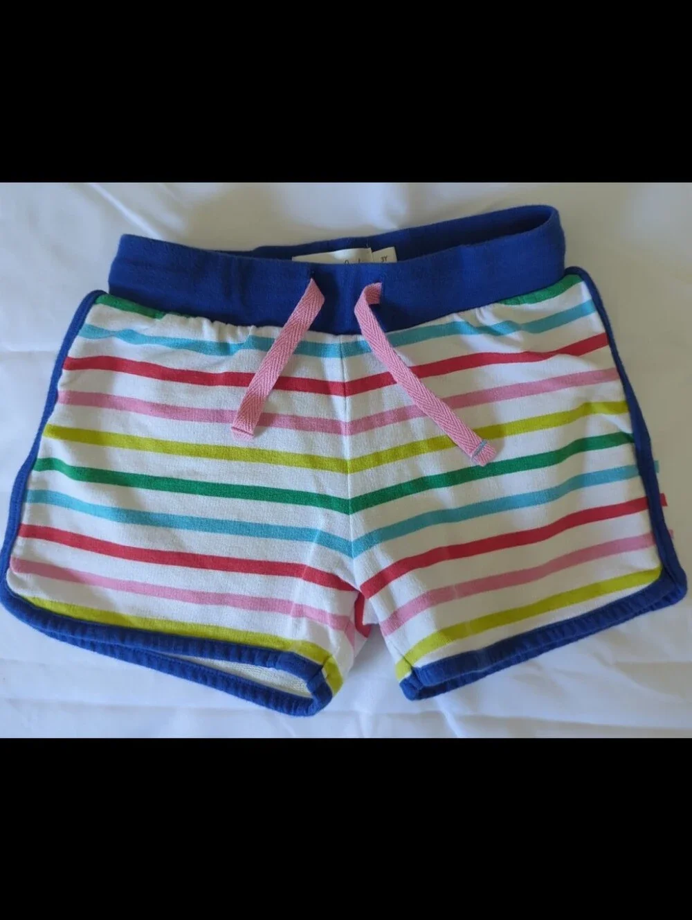 Mini Boden Multicolor Stripe Shorts with Blue Trim